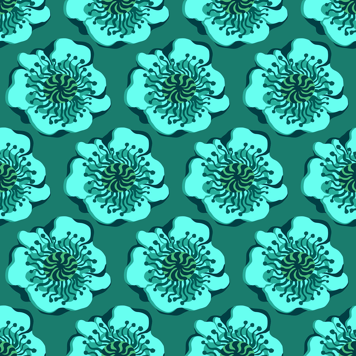 Sky Poppy Green features a repeating pattern of organic, hand-drawn green poppies against a forest green backdrop. 