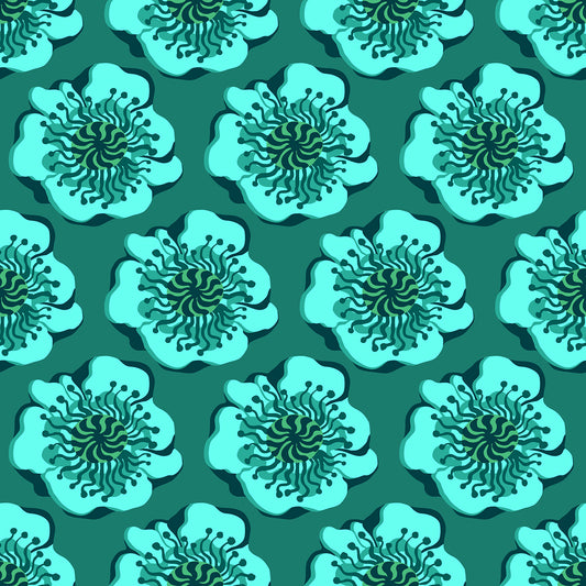 Sky Poppy Green features a repeating pattern of organic, hand-drawn green poppies against a forest green backdrop. 
