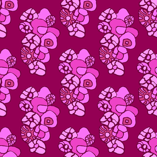 Window Box Floral Plum features a repeating pattern of organic, hand-drawn purple and pink flowers against a deep plum backdrop. 