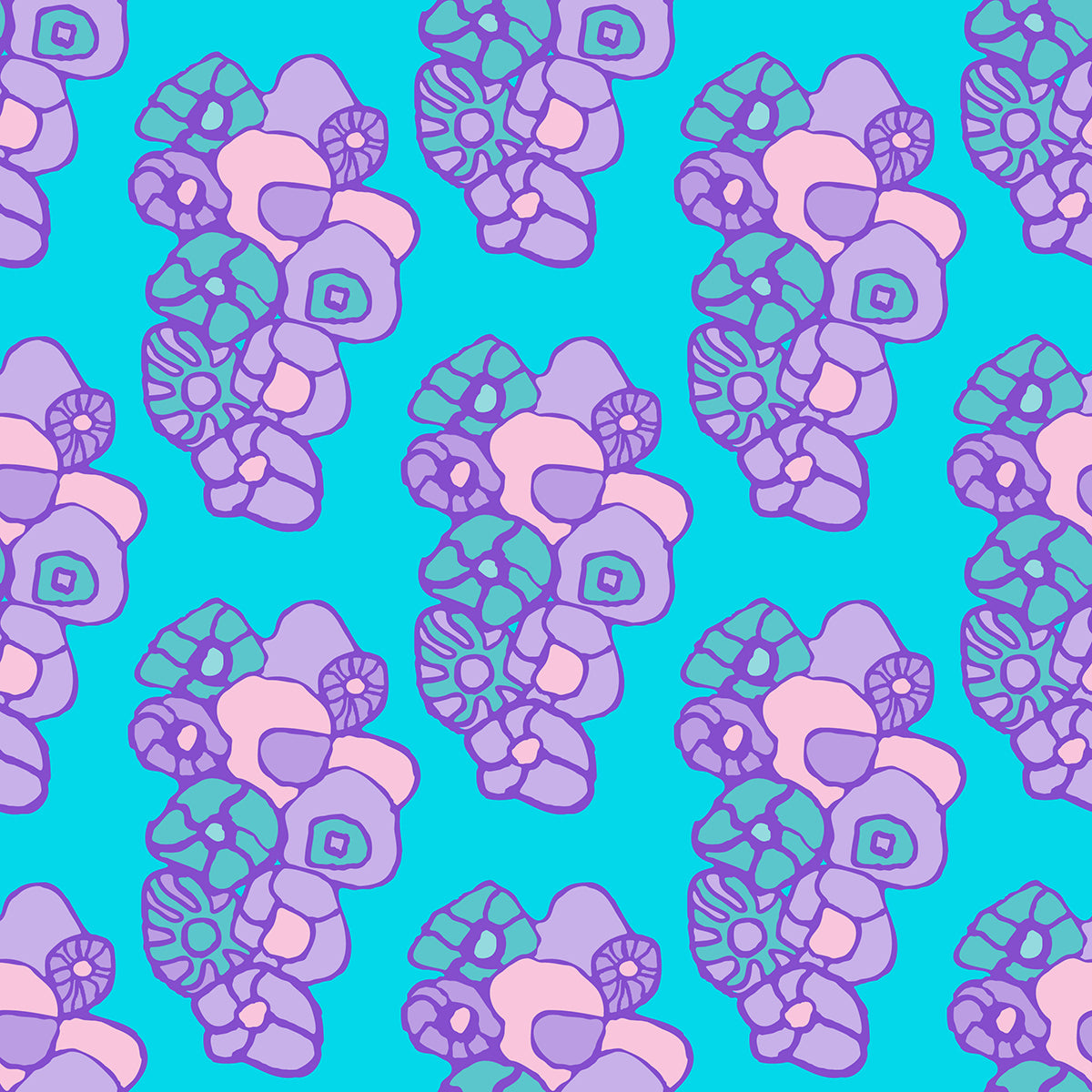 Window Box Floral Rain features a repeating pattern of organic, hand-drawn purple, aqua, and pink flowers against a blue backdrop.