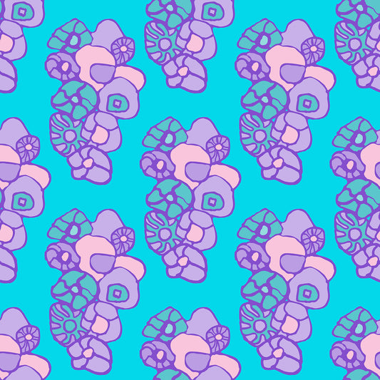 Window Box Floral Rain features a repeating pattern of organic, hand-drawn purple, aqua, and pink flowers against a blue backdrop.