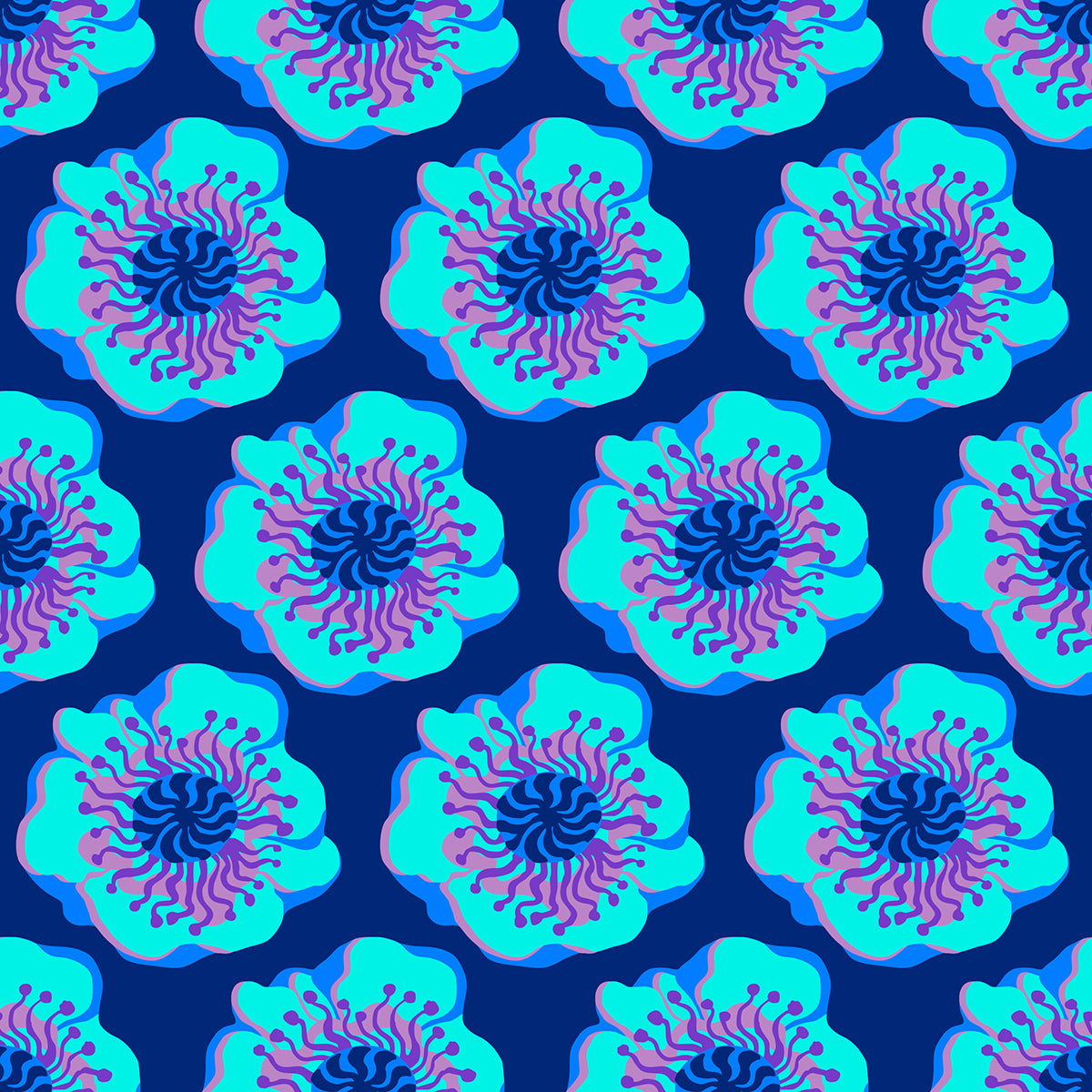 Sky Poppy Arctic features a repeating pattern of organic, hand-drawn aqua, purple and blue poppies against a deep blue backdrop. 