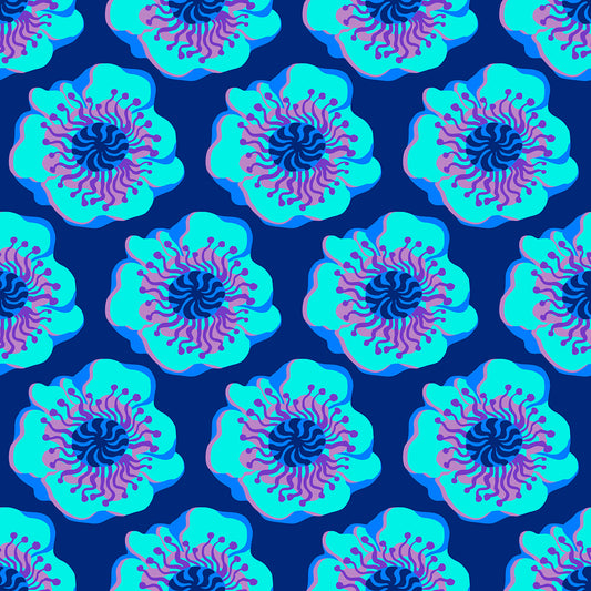 Sky Poppy Arctic features a repeating pattern of organic, hand-drawn aqua, purple and blue poppies against a deep blue backdrop. 