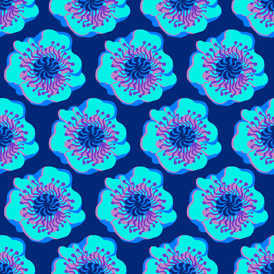 Sky Poppy Arctic features a repeating pattern of organic, hand-drawn aqua, purple and blue poppies against a deep blue backdrop. 