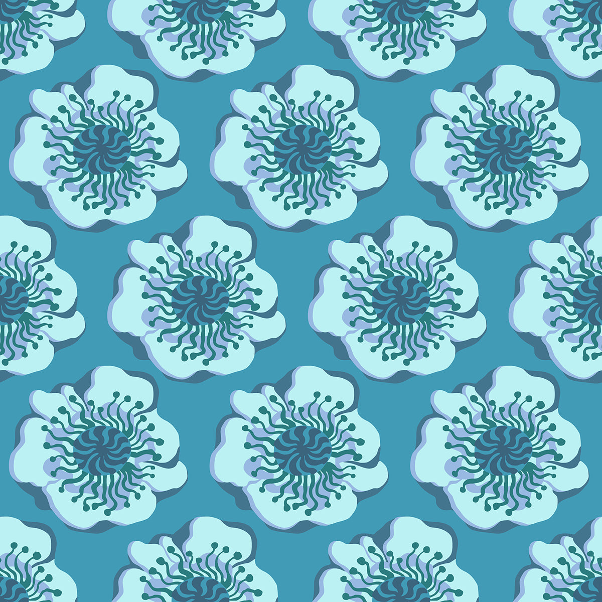 Sky Poppy Dusk features a repeating pattern of organic, hand-drawn green, aqua, and purple poppies against a French gray backdrop. 