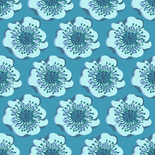 Sky Poppy Dusk features a repeating pattern of organic, hand-drawn green, aqua, and purple poppies against a French gray backdrop. 