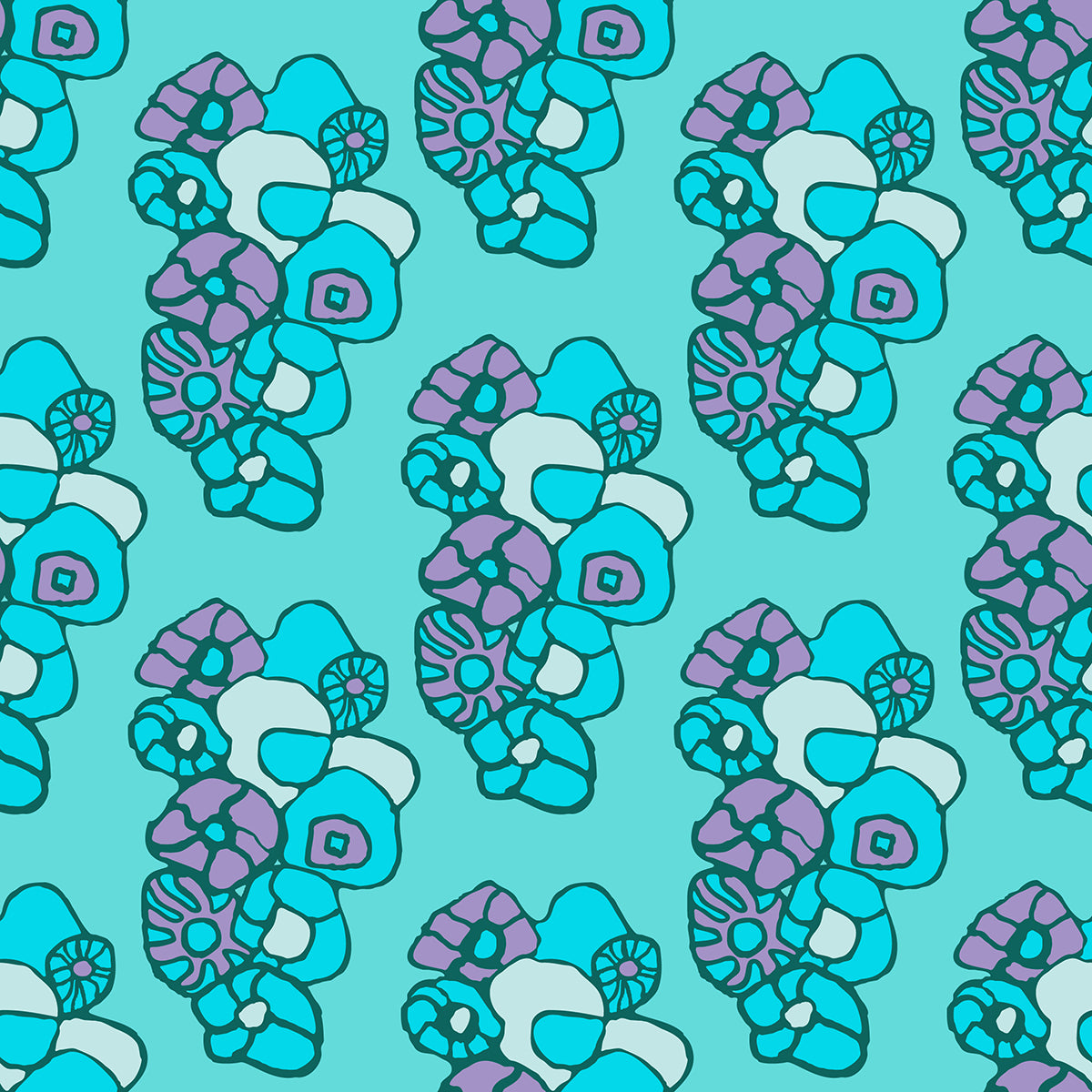 Window Box Floral Aqua features a repeating pattern of organic, hand-drawn purple, green, and blue flowers against an aqua backdrop. 