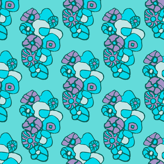 Window Box Floral Aqua features a repeating pattern of organic, hand-drawn purple, green, and blue flowers against an aqua backdrop. 