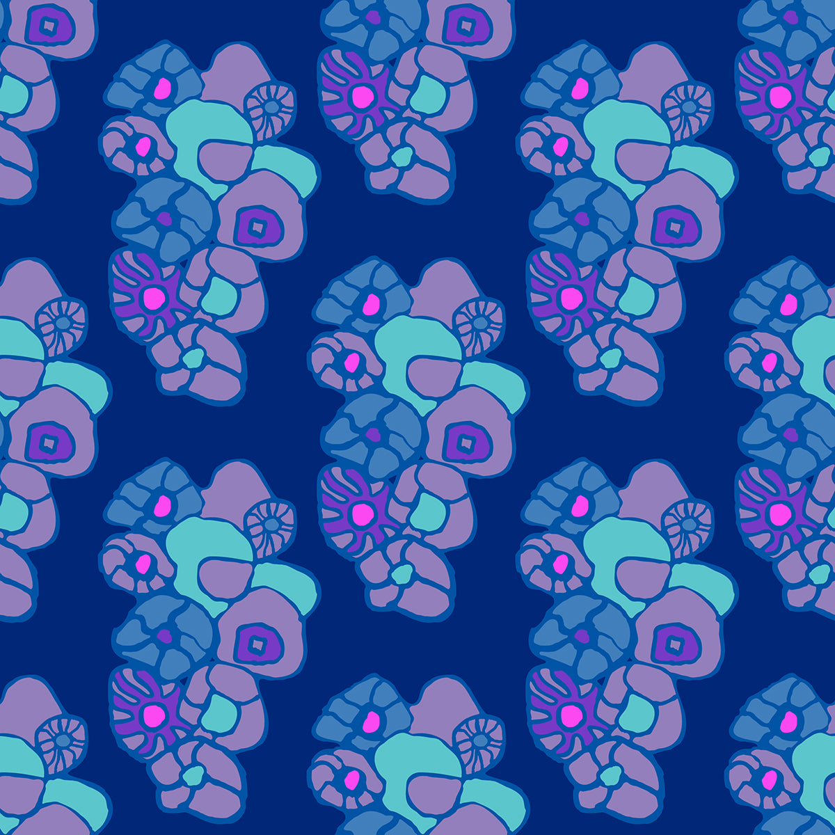 Window Box Floral Arctic features a repeating pattern of organic, hand-drawn aqua, pink, and purple flowers against a deep blue backdrop. 