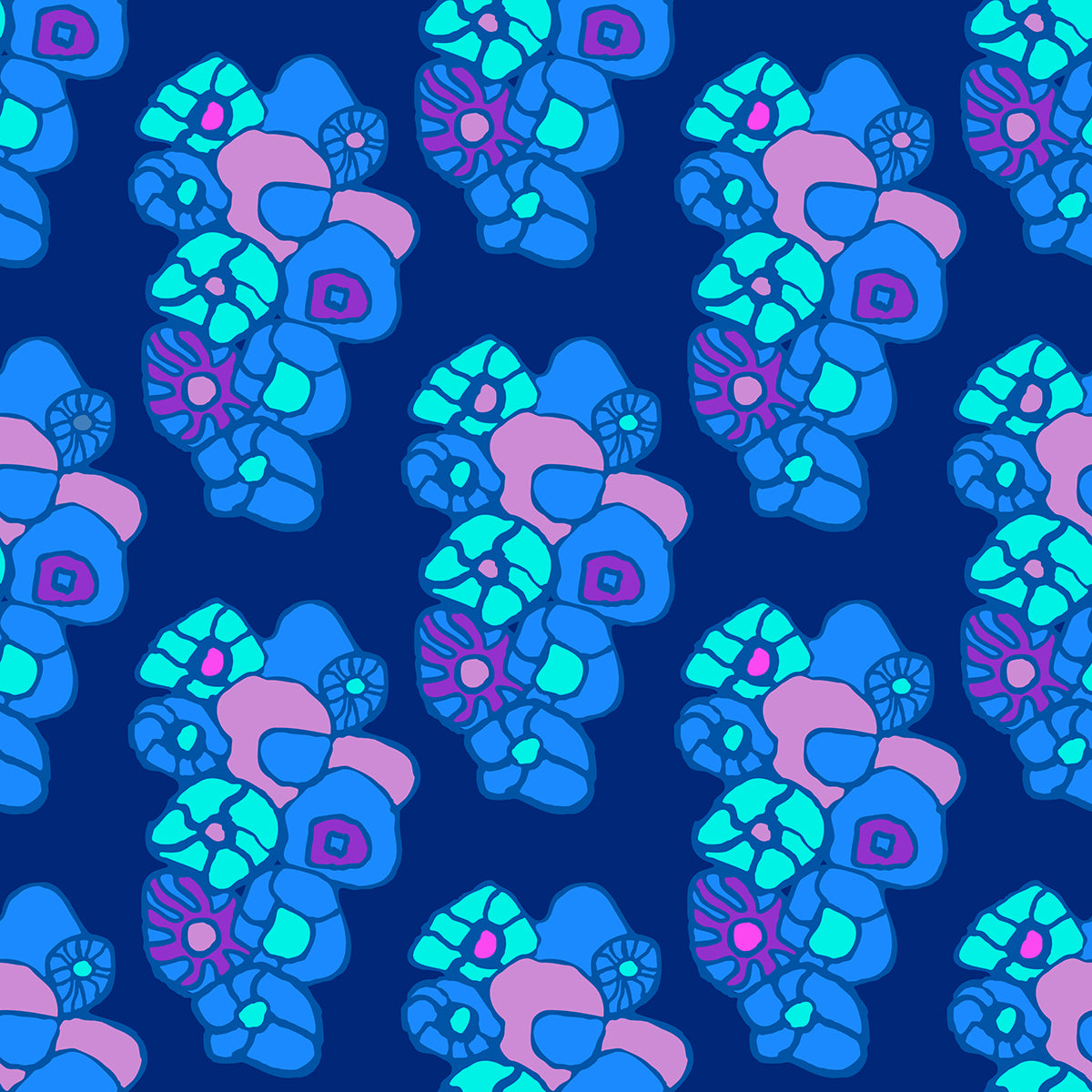 Window Box Floral Arctic features a repeating pattern of organic, hand-drawn aqua, pink, and purple flowers against a deep blue backdrop. 