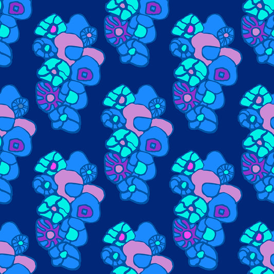 Window Box Floral Arctic features a repeating pattern of organic, hand-drawn aqua, pink, and purple flowers against a deep blue backdrop. 