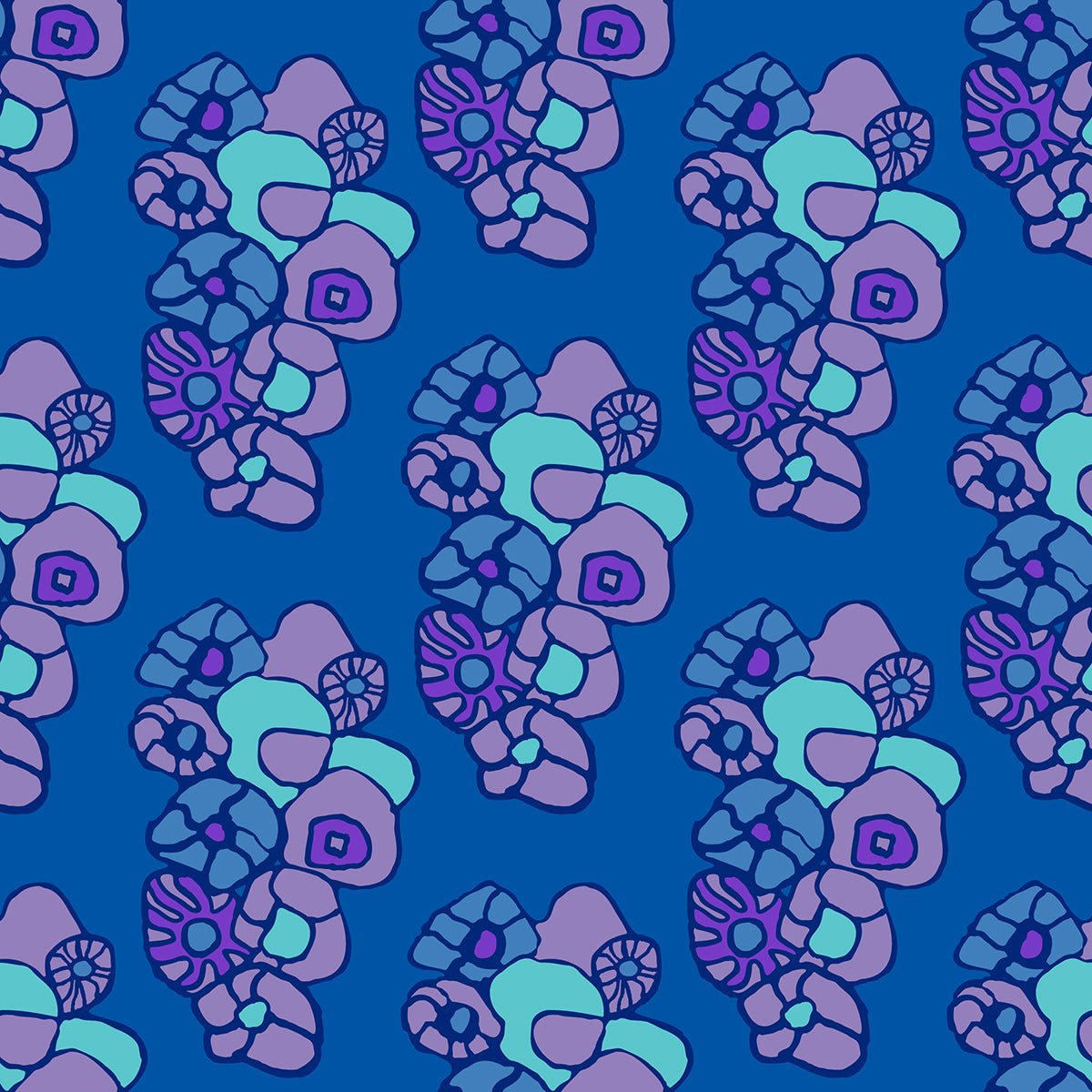 Window Box Floral Azure features a repeating pattern of organic, hand-drawn aqua, blue, and purple flowers against a royal blue backdrop. 