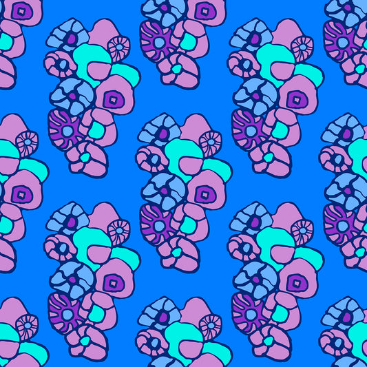 Window Box Floral Azure features a repeating pattern of organic, hand-drawn aqua, blue, and purple flowers against a royal blue backdrop. 