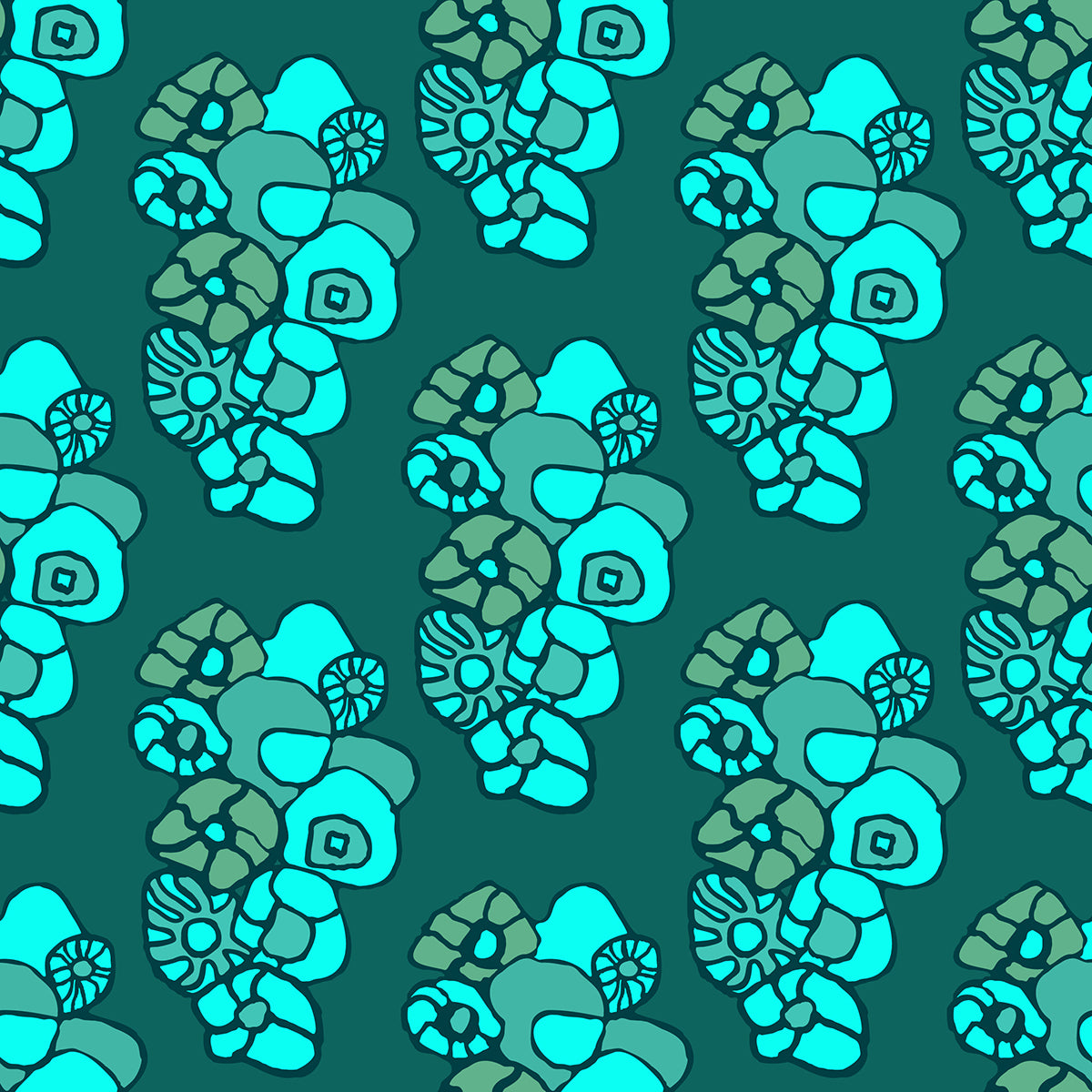 Window Box Floral Green features a repeating pattern of organic, hand-drawn aqua and different shades of green flowers against a deep green backdrop. 