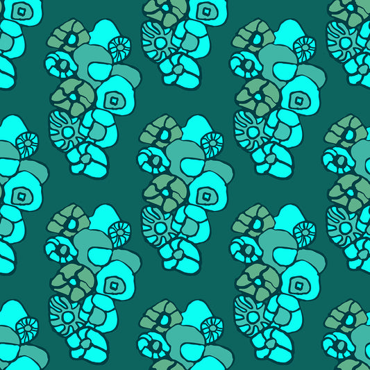 Window Box Floral Green features a repeating pattern of organic, hand-drawn aqua and different shades of green flowers against a deep green backdrop. 