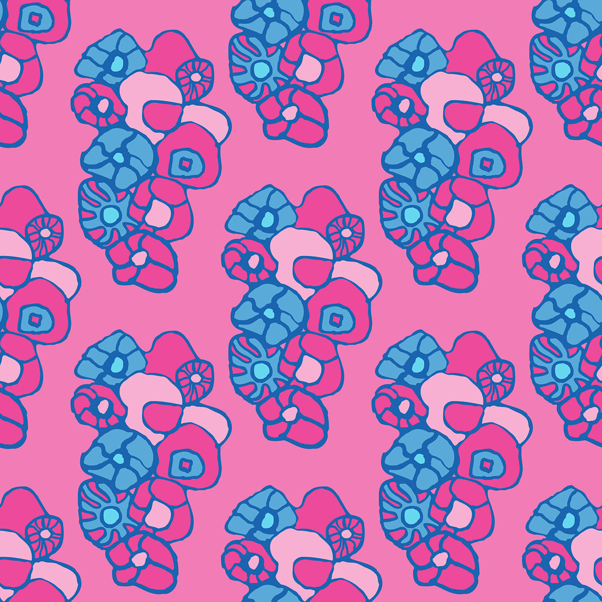 Window Box Floral Pink & Blue features a repeating pattern of organic, hand-drawn aqua, pink, and blue flowers against a deep pink backdrop. 