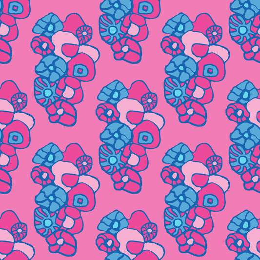 Window Box Floral Pink & Blue features a repeating pattern of organic, hand-drawn aqua, pink, and blue flowers against a deep pink backdrop. 