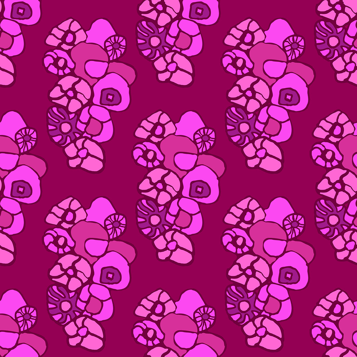 Window Box Floral Plum features a repeating pattern of organic, hand-drawn purple and pink flowers against a deep plum backdrop. 