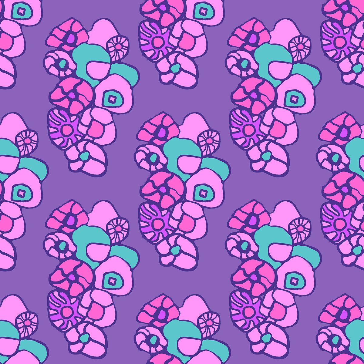Window Box Purple features a repeating pattern of organic, hand-drawn purple, pink, and green flowers against a lovely purple backdrop. 