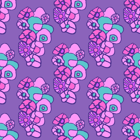 Window Box Purple features a repeating pattern of organic, hand-drawn purple, pink, and green flowers against a lovely purple backdrop. 