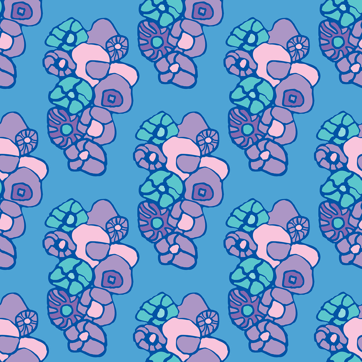 Window Box Floral Rain features a repeating pattern of organic, hand-drawn purple, aqua, and pink flowers against a blue backdrop.