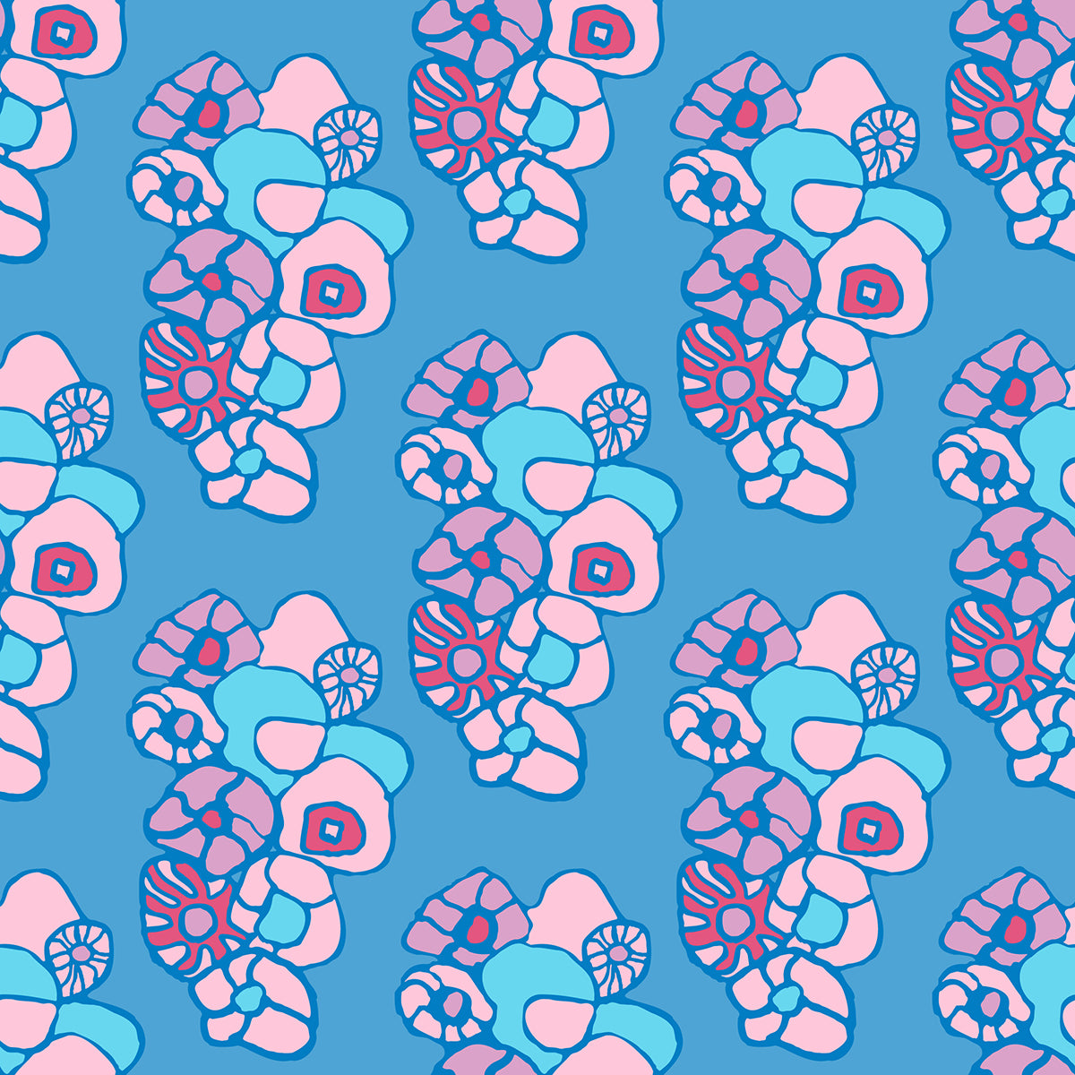 Window Box Floral Blue features a repeating pattern of organic, hand-drawn red, purple, pink, and blue flowers against a blue backdrop.