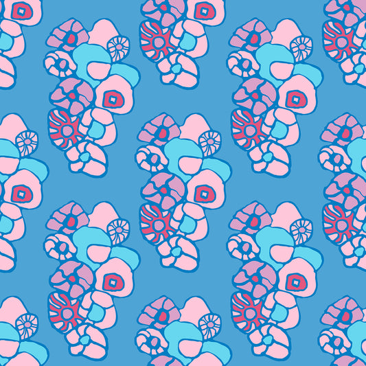 Window Box Floral Blue features a repeating pattern of organic, hand-drawn red, purple, pink, and blue flowers against a blue backdrop.