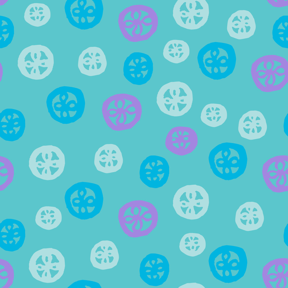 Rock on Round Aqua features a repeating pattern in aqua, green, blue and purple colors depicting flowers encased in hand-drawn circles.