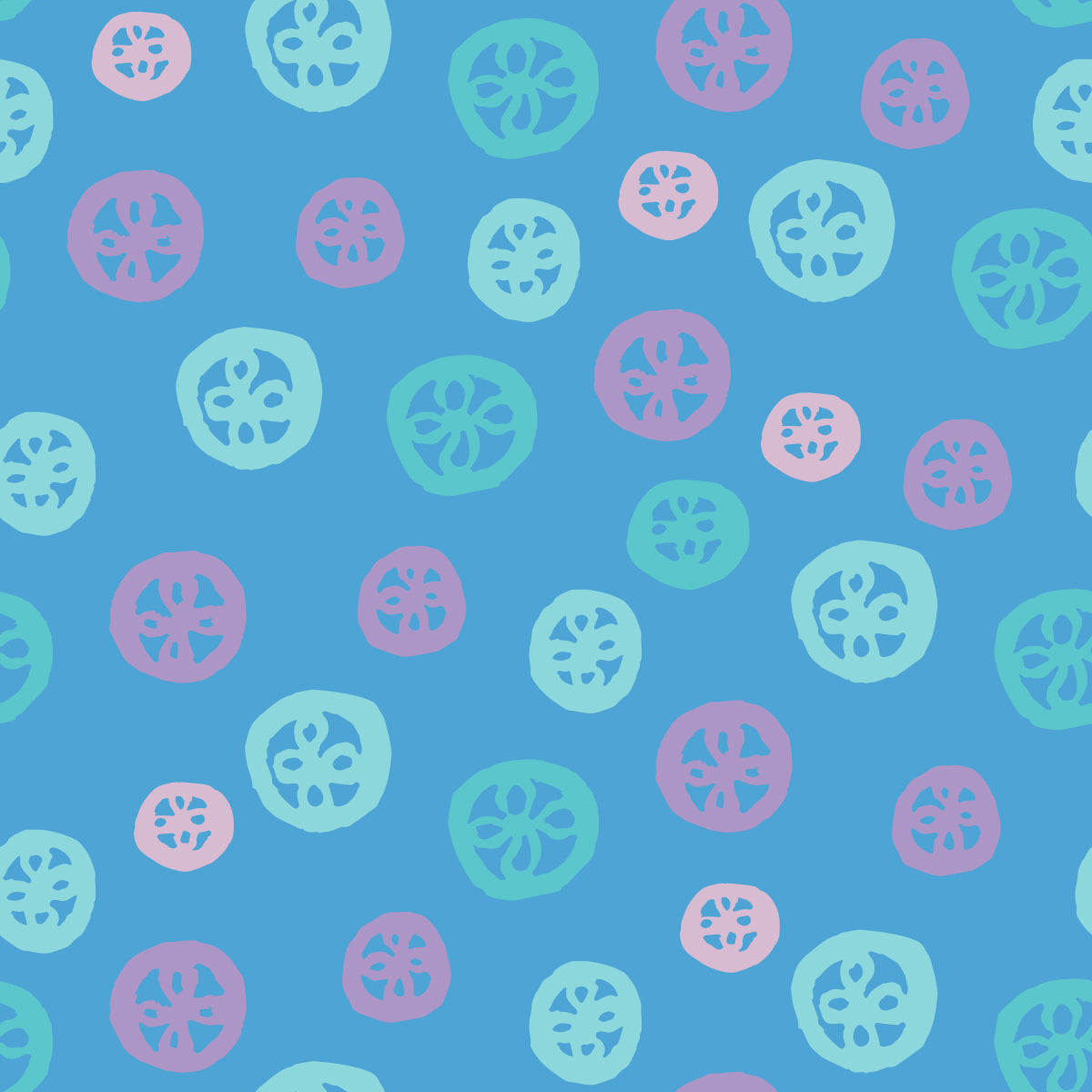 Rock on Round Flower features a repeating pattern in blue, purple, aqua, and pink colors depicting flowers encased in hand-drawn circles.