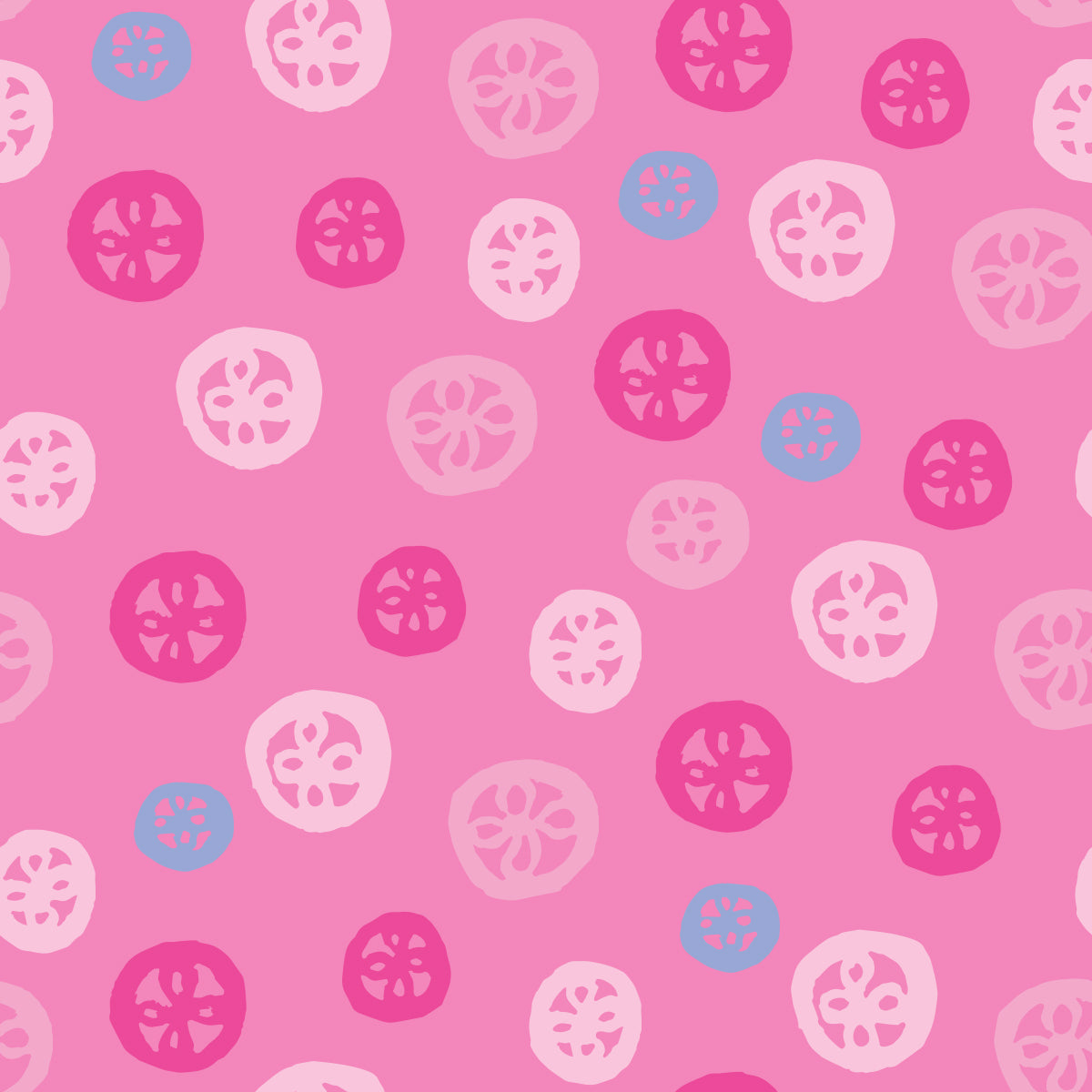 Rock on Round Pink features a repeating pattern in pink and red colors depicting flowers encased in hand-drawn circles.