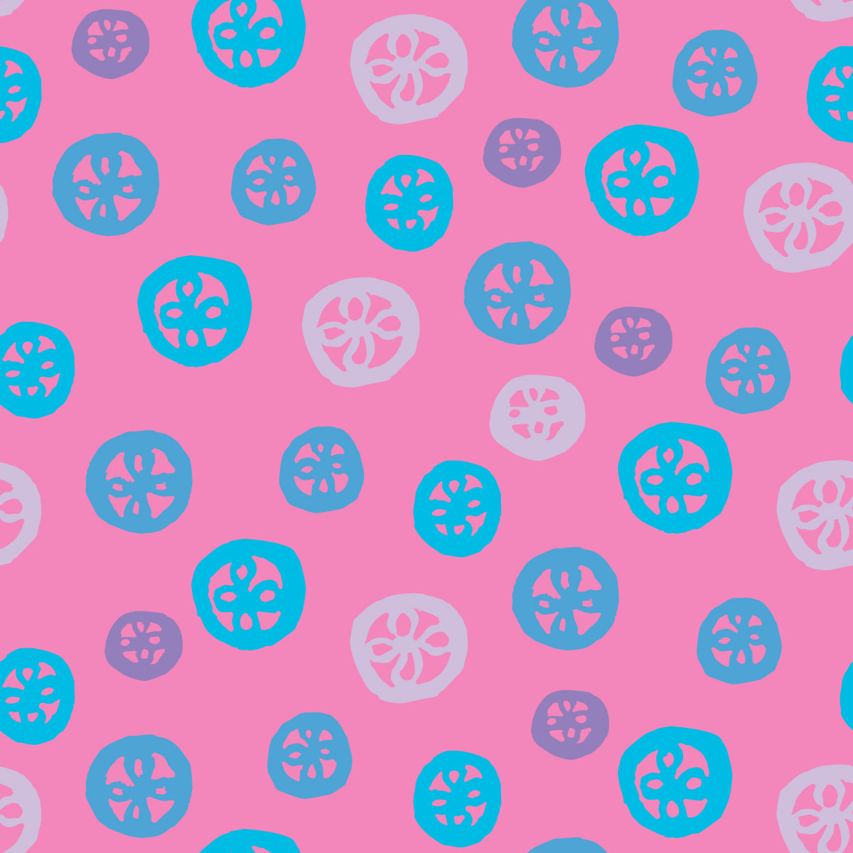 Rock on Round Pink & Blue features a repeating pattern in pink and blue colors depicting flowers encased in hand-drawn circles.