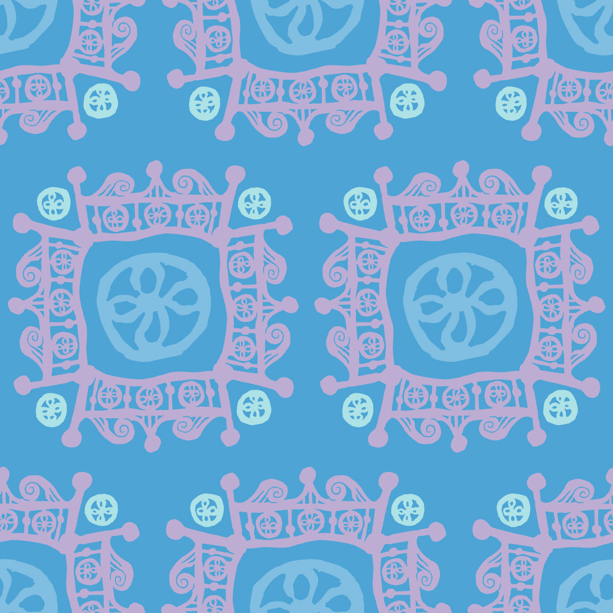 Rock on Royal Flower features a repeating pattern in blue and purple colors of hand-drawn flowers encased in ornate squares bordered by crown-like flourishes.