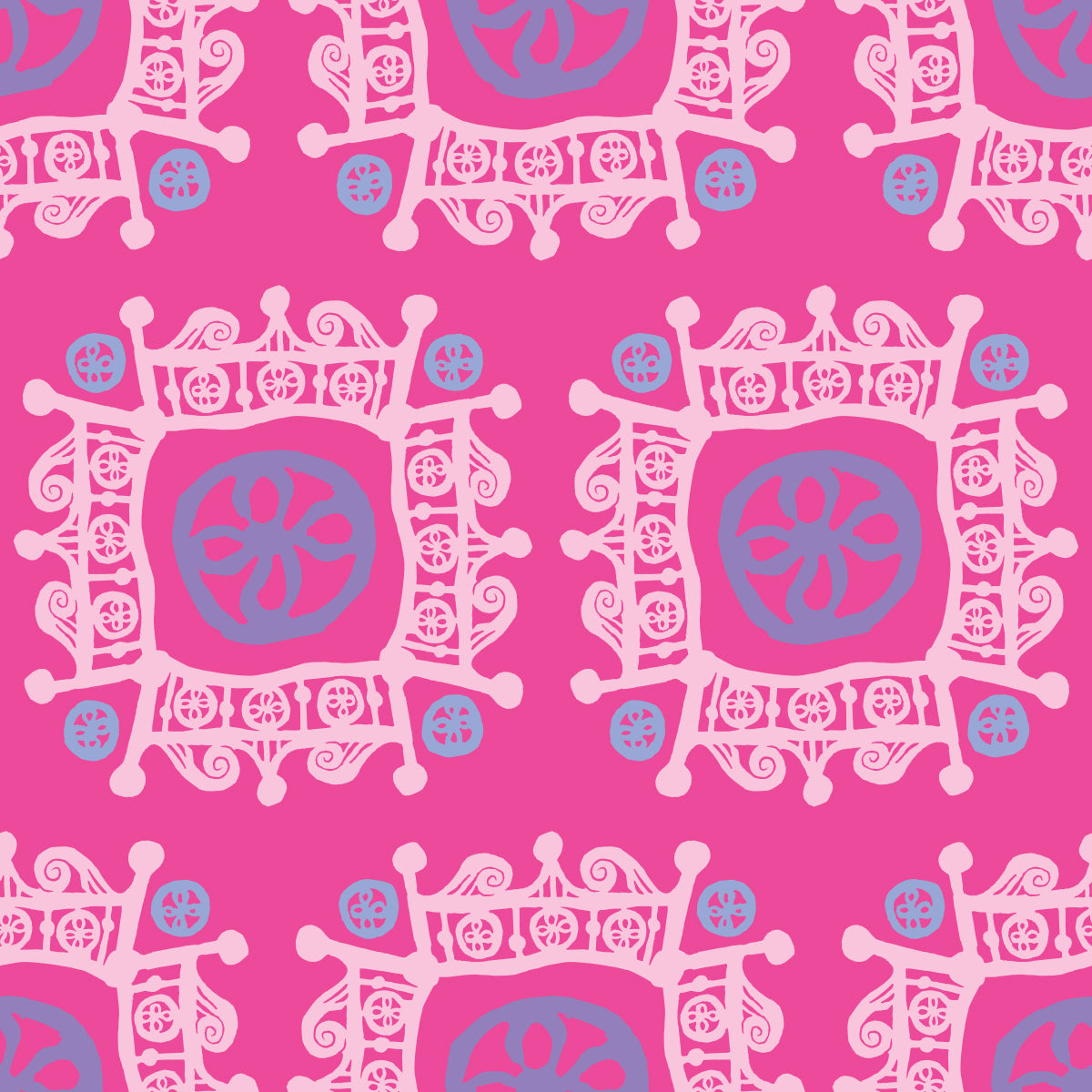 Rock on Royal Pink features a repeating pattern in pink and blue colors of hand-drawn flowers encased in ornate squares bordered by crown-like flourishes.
