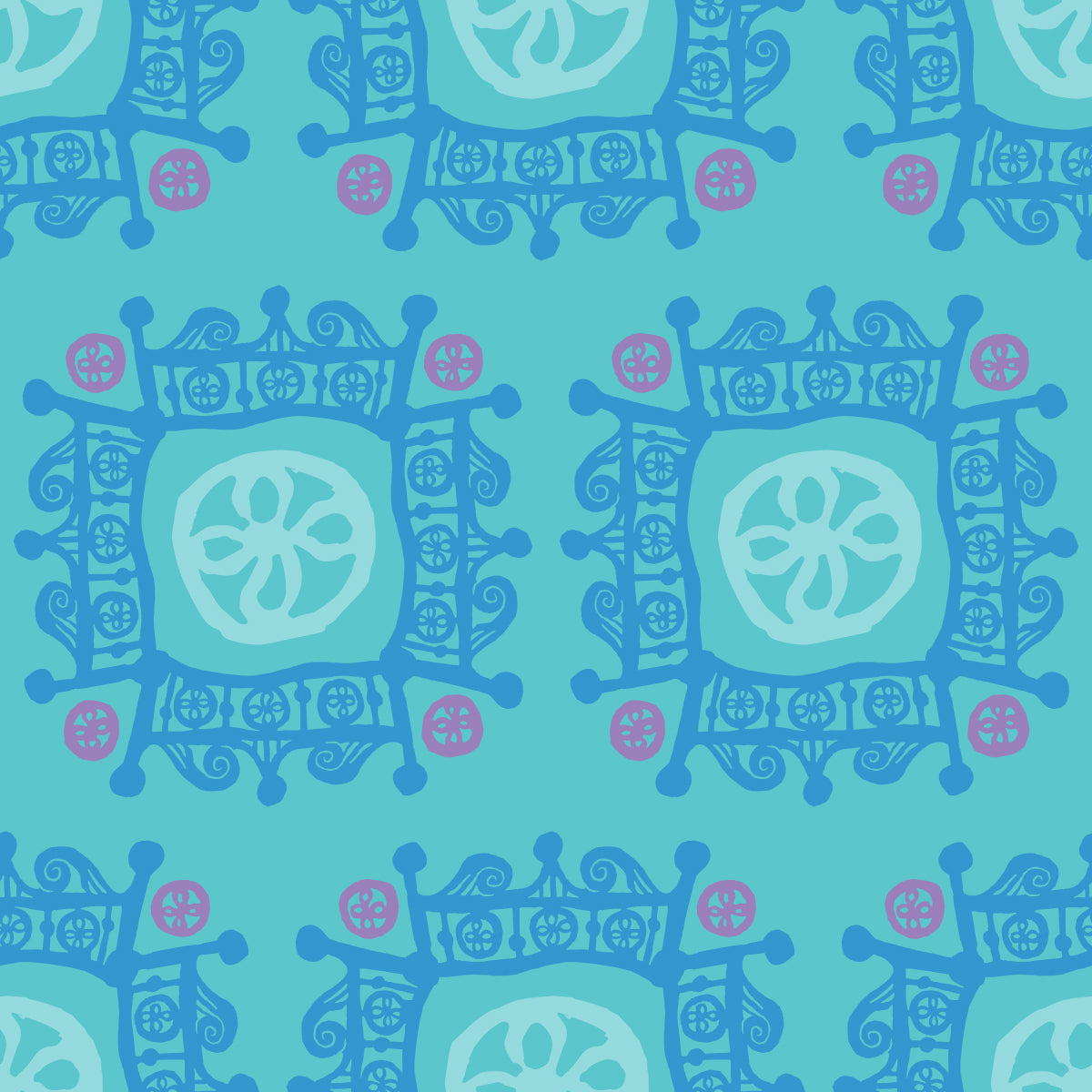 Rock on Royal Rain features a repeating pattern in aqua, blue, and purple colors of hand-drawn flowers encased in ornate squares bordered by crown-like flourishes