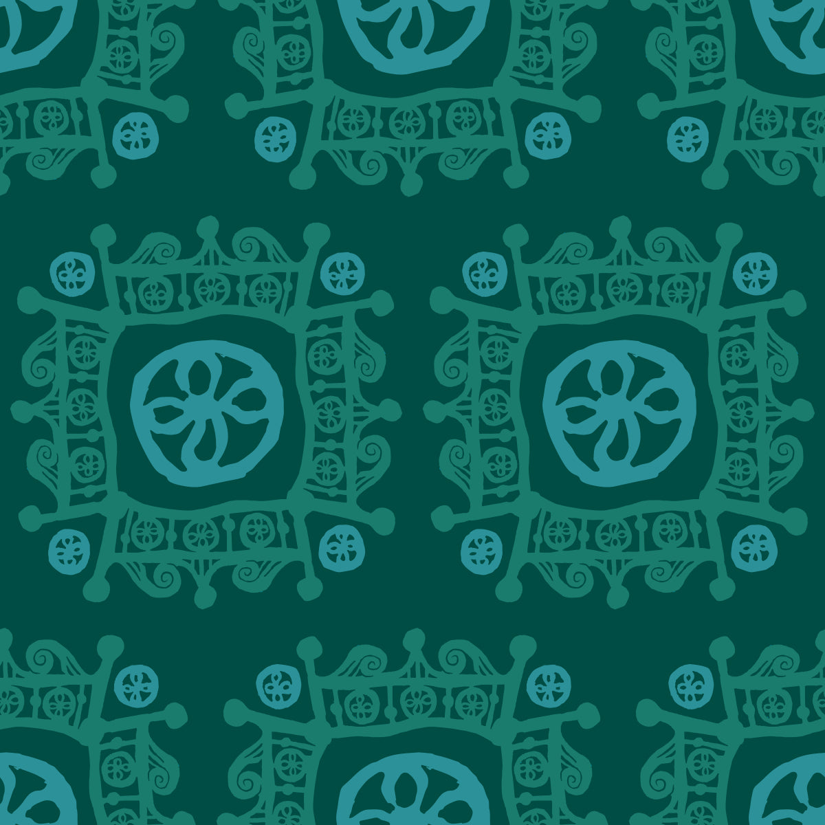 Rock on Royal Spruce features a repeating pattern in green colors of hand-drawn flowers encased in ornate squares bordered by crown-like flourishes.