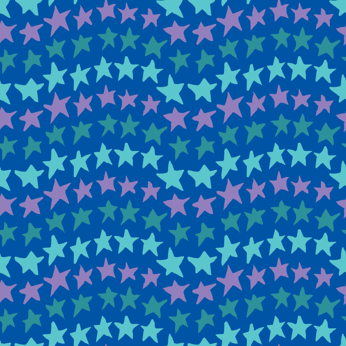 Rock on Stars Azure features a repeating pattern in azure, blue, aqua, and purple colors of undulating rows of stars. 