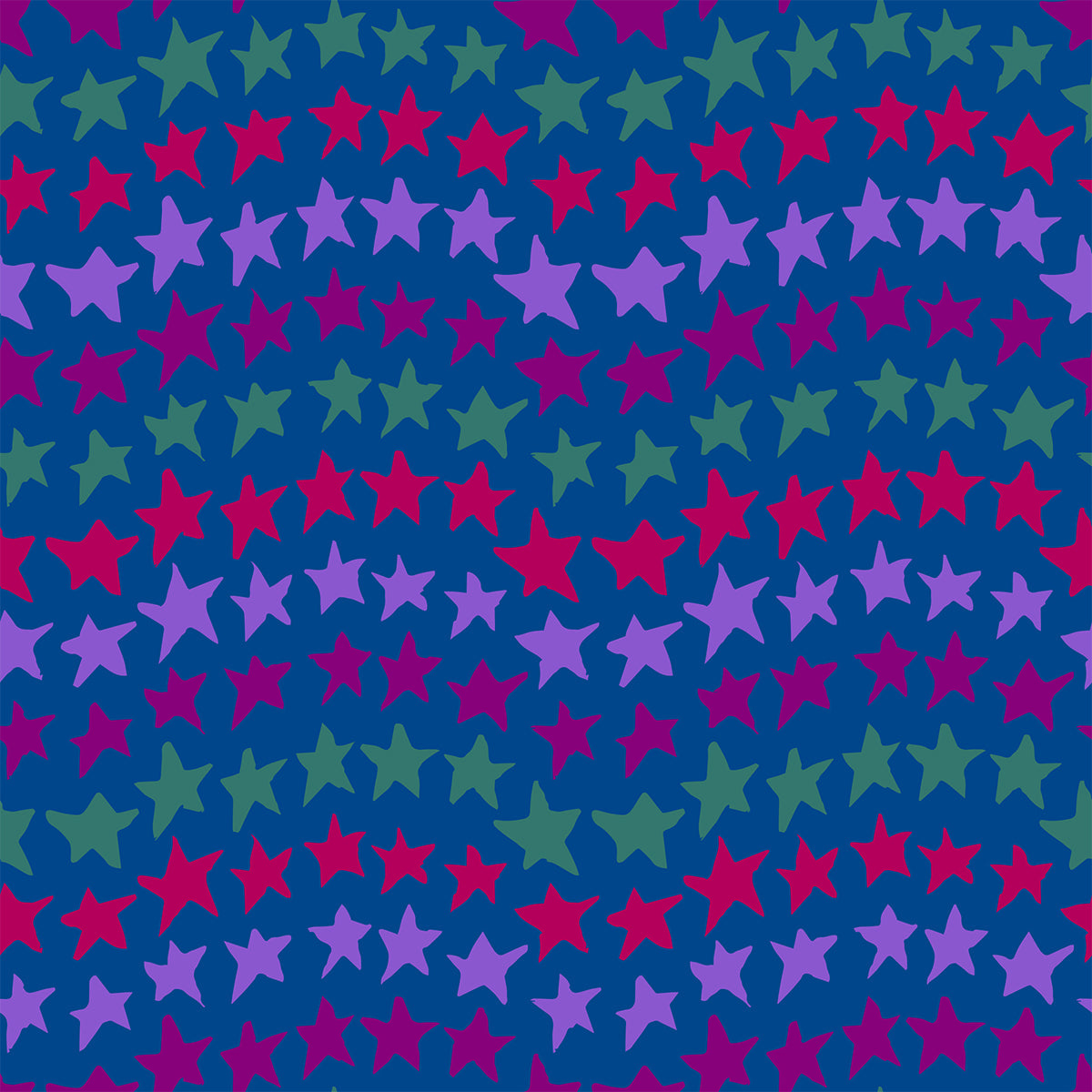 Rock on Stars Berry features a repeating pattern in dusty blue, red, purple, and berry colors of undulating rows of stars.