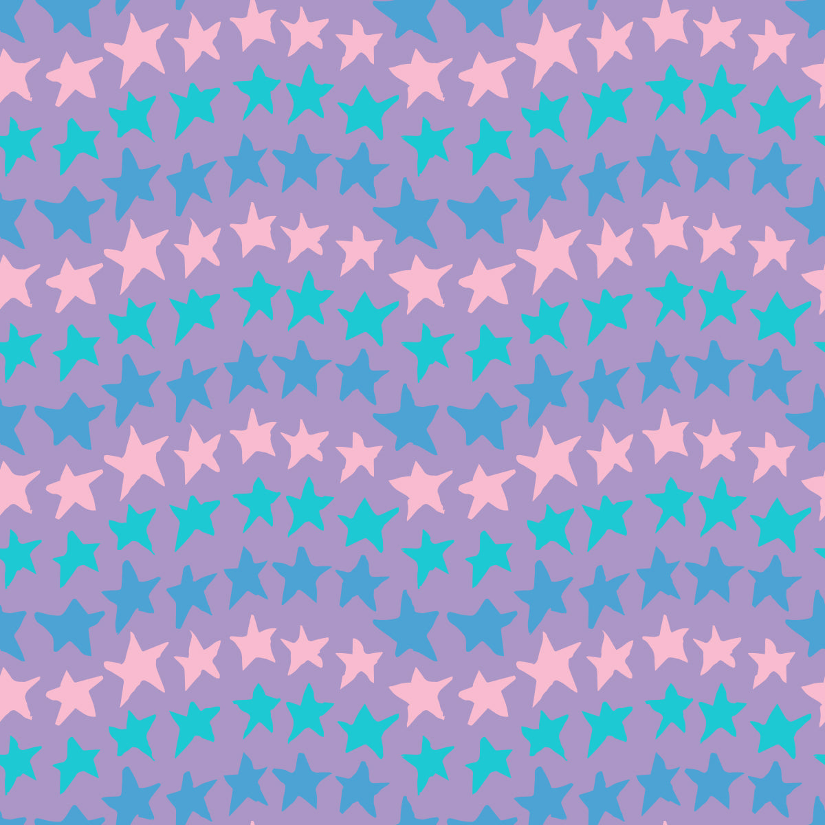 Rock on Stars Dawn features a repeating pattern in purple, pink, and blue colors of undulating rows of stars. 