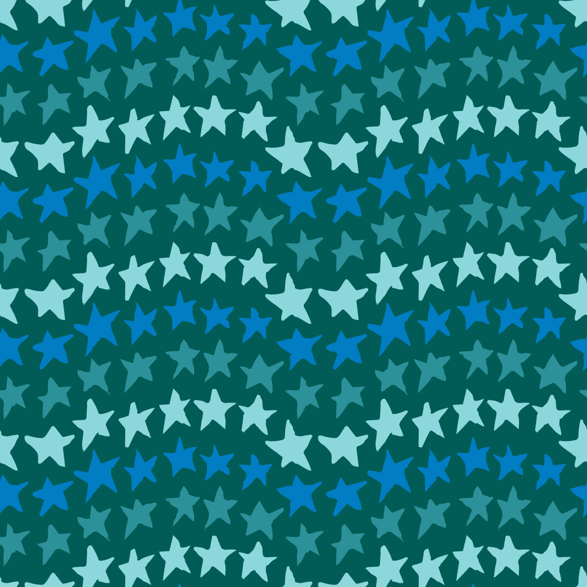 Rock on Stars Green features a repeating pattern in green and blue colors of undulating rows of stars.