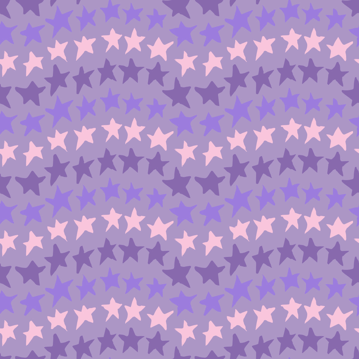 Rock on Stars Purple features a repeating pattern in purple and pink colors of undulating rows of stars. 