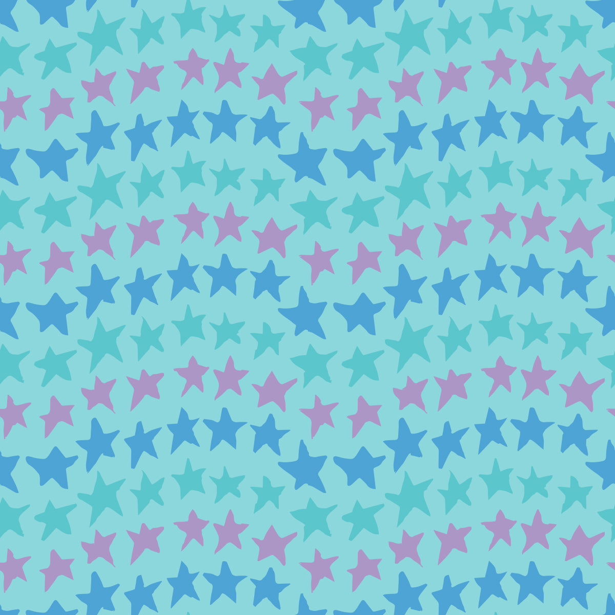 Rock on Stars Rain features a repeating pattern in aqua, blue, and purple colors of undulating rows of stars. 