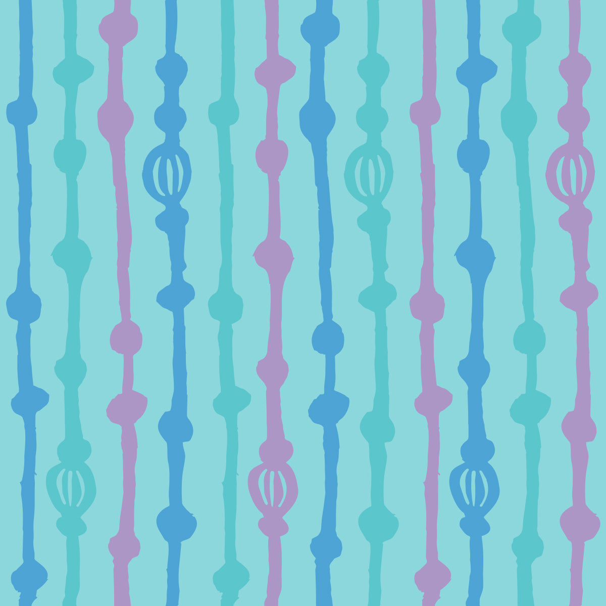 Rock on Stripes Rain features a repeating pattern in aqua, green, purple, and blue colors of organic, hand-drawn, vertical lines.