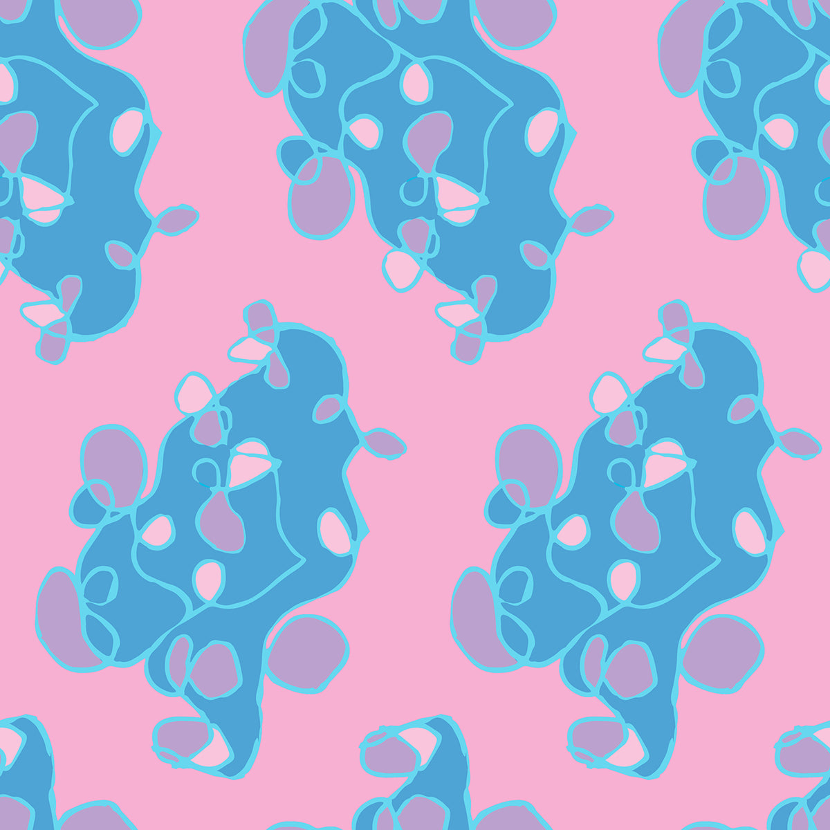 Summer Harbor Pink & Blue features a repeating pattern of pink and blue abstract clouds outlined with swirling lines.